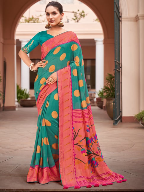 Saree Mall Blue & Peach Printed Saree With Unstitched Blouse Price in India