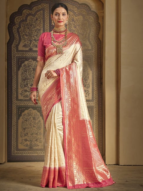 Saree Mall Beige & Peach Silk Woven Saree With Unstitched Blouse Price in India