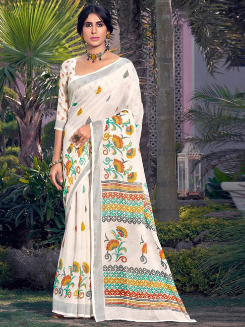 Saree Mall White Floral Print Saree With Unstitched Blouse Price in India