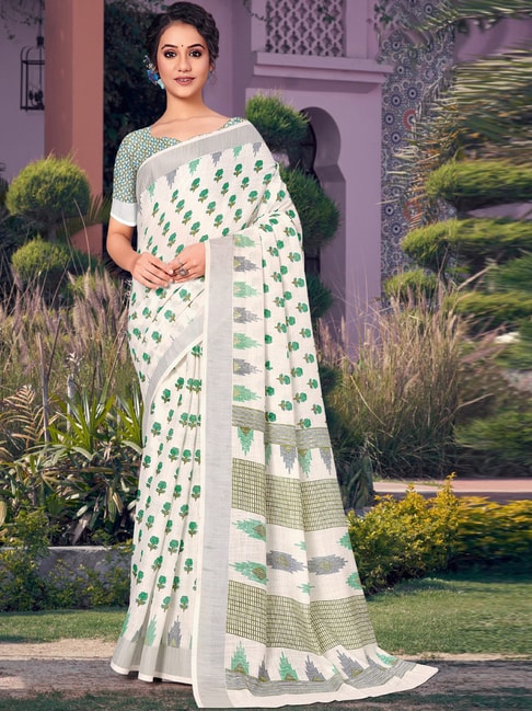 Saree Mall White & Green Printed Saree With Unstitched Blouse Price in India