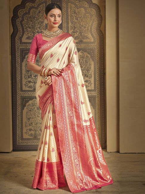 Saree Mall Off-White Silk Woven Saree With Unstitched Blouse Price in India