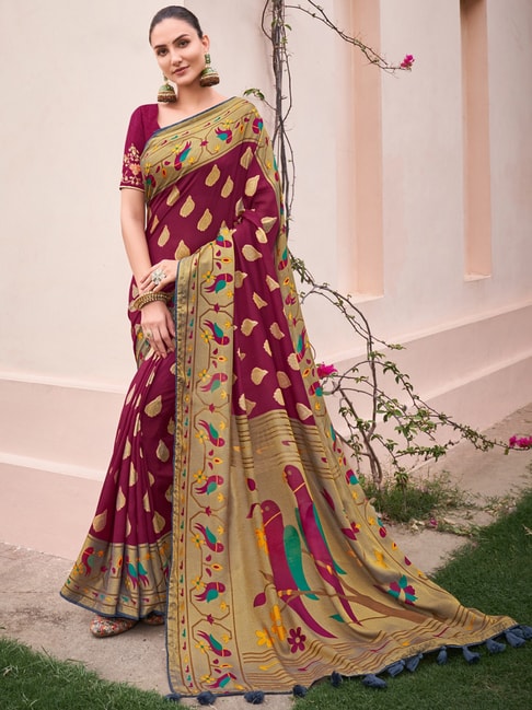 Saree Mall Purple Printed Saree With Unstitched Blouse Price in India