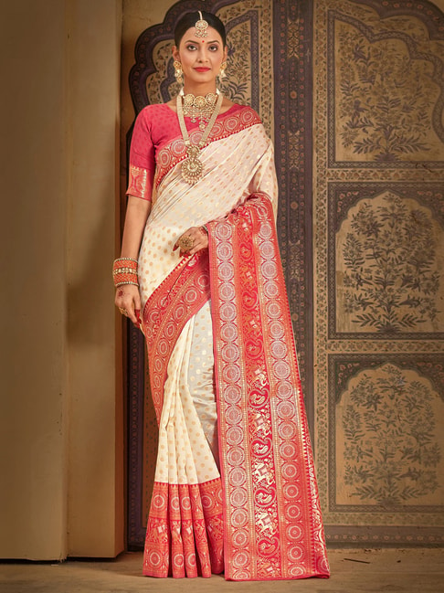 Saree Mall Off-White & Peach Silk Woven Saree With Unstitched Blouse Price in India
