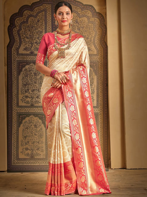 Saree Mall Beige & Peach Silk Woven Saree With Unstitched Blouse Price in India