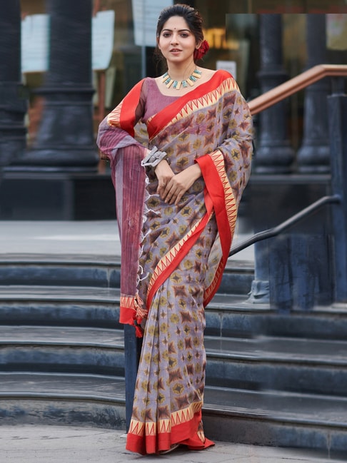 Saree Mall Grey Linen Printed Saree With Unstitched Blouse Price in India