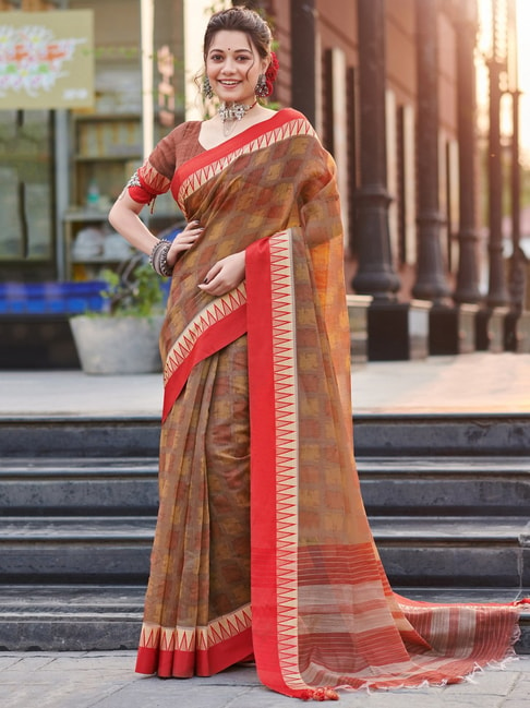 Saree Mall Brown Linen Printed Saree With Unstitched Blouse Price in India