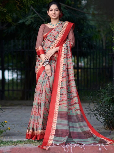 Saree Mall Green Linen Printed Saree With Unstitched Blouse Price in India