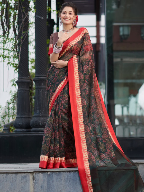 Saree Mall Black Linen Floral Print Saree With Unstitched Blouse Price in India