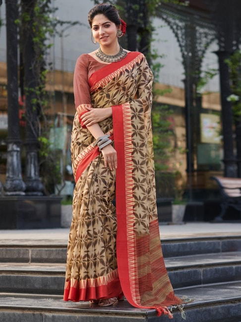 Saree Mall Beige & Black Linen Printed Saree With Unstitched Blouse Price in India