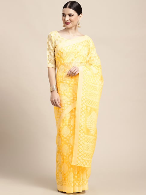 Saree Mall Yellow Printed Saree With Unstitched Blouse Price in India