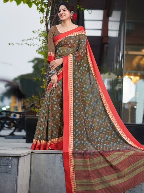 Saree Mall Olive Green Linen Printed Saree With Unstitched Blouse Price in India