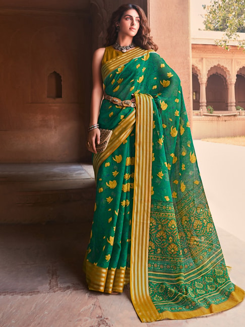 Saree Mall Green Linen Floral Print Saree With Unstitched Blouse Price in India
