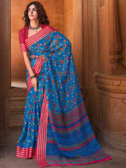 Saree Mall Blue Linen Floral Print Saree With Unstitched Blouse Price in India