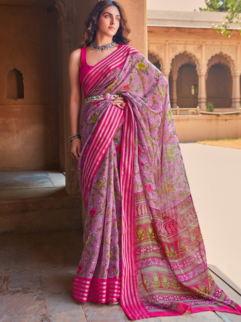 Saree Mall Purple Linen Floral Print Saree With Unstitched Blouse Price in India