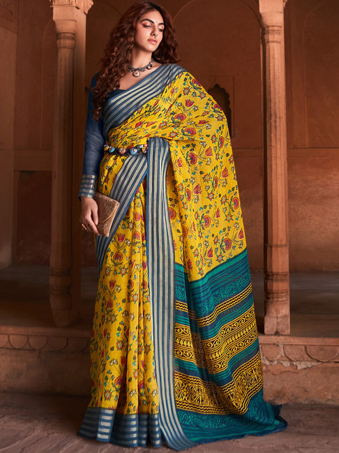 Saree Mall Yellow Linen Floral Print Saree With Unstitched Blouse Price in India