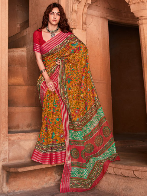 Saree Mall Mustard Linen Floral Print Saree With Unstitched Blouse Price in India