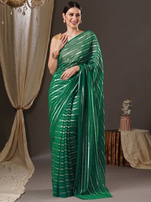 Saree Mall Green Striped Saree With Unstitched Blouse Price in India