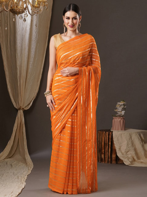 Saree Mall Orange Striped Saree With Unstitched Blouse Price in India