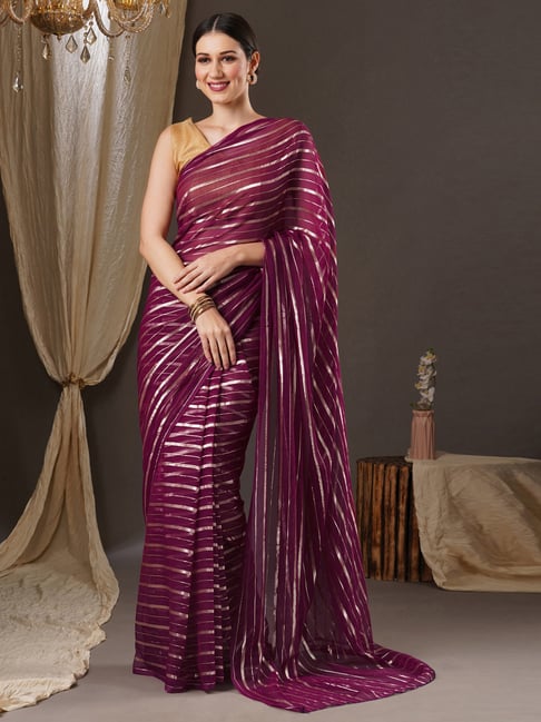 Saree Mall Purple Striped Saree With Unstitched Blouse Price in India