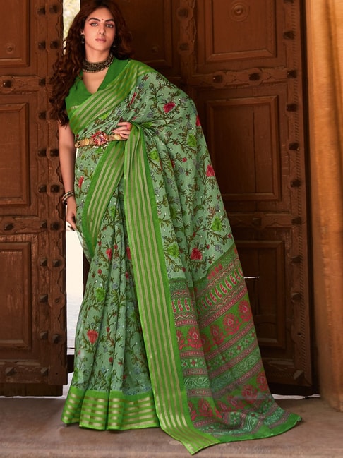 Saree Mall Green Linen Floral Print Saree With Unstitched Blouse Price in India