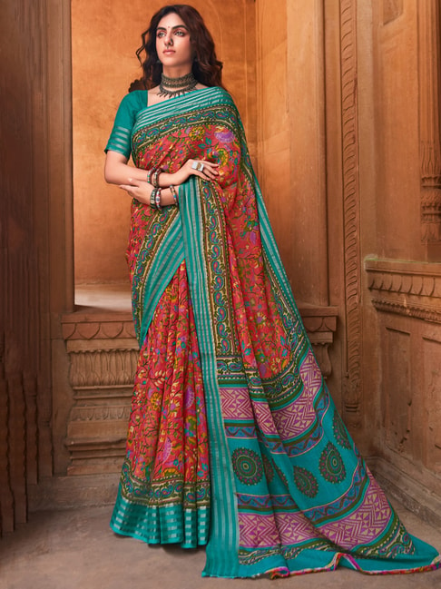 Saree Mall Pink Linen Floral Print Saree With Unstitched Blouse Price in India