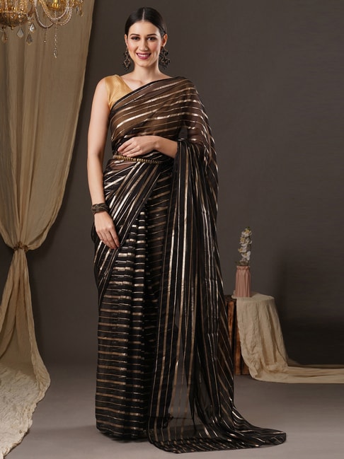Saree Mall Black Striped Saree With Unstitched Blouse Price in India