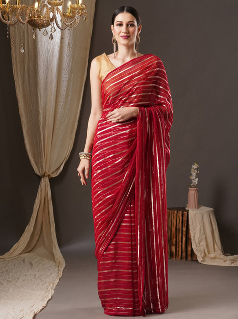 Saree Mall Red Striped Saree With Unstitched Blouse Price in India