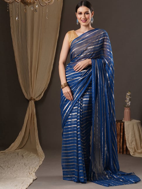 Saree Mall Blue Striped Saree With Unstitched Blouse Price in India