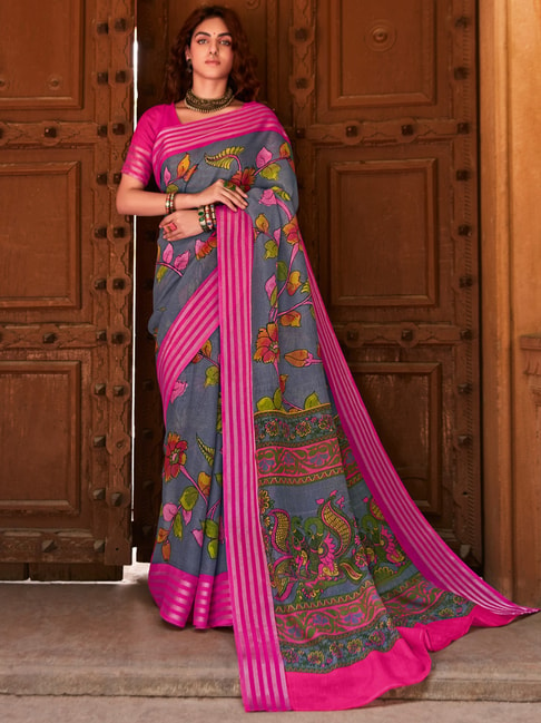 Saree Mall Grey Linen Floral Print Saree With Unstitched Blouse Price in India