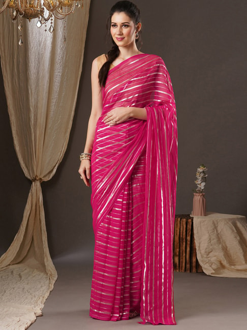 Saree Mall Pink Striped Saree With Unstitched Blouse Price in India