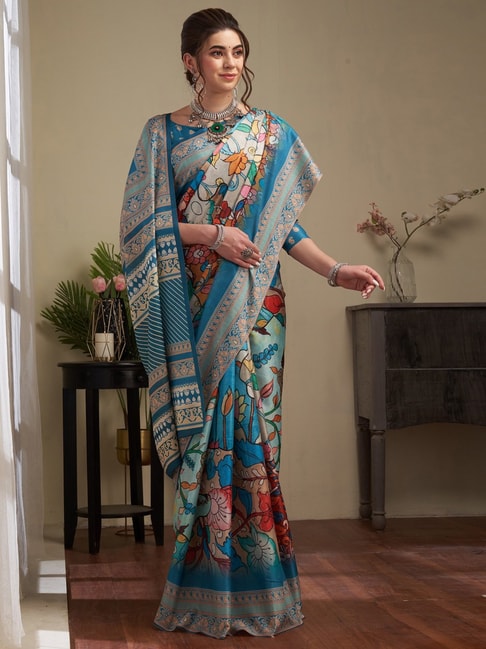Saree Mall Blue Silk Floral Print Saree With Unstitched Blouse Price in India