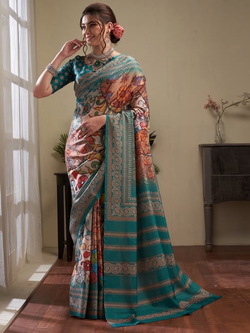 Saree Mall Peach & Blue Silk Floral Print Saree With Unstitched Blouse Price in India