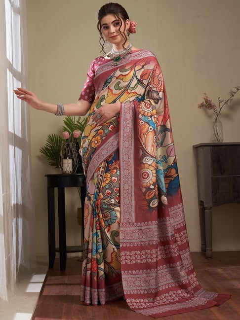 Saree Mall Beige & Purple Silk Floral Print Saree With Unstitched Blouse Price in India