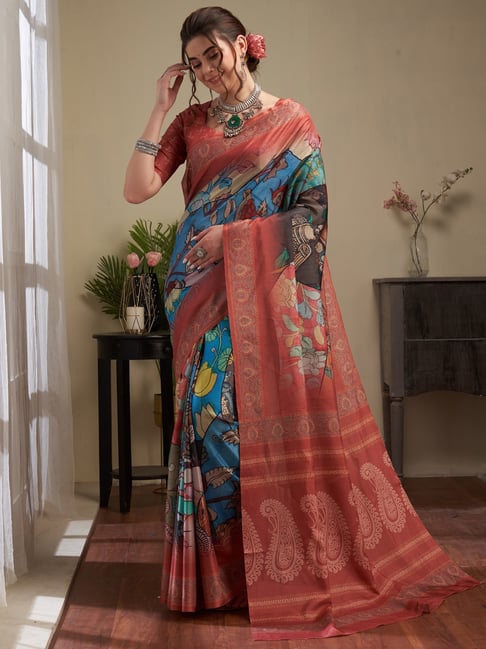 Saree Mall Blue & Rust Silk Printed Saree With Unstitched Blouse Price in India
