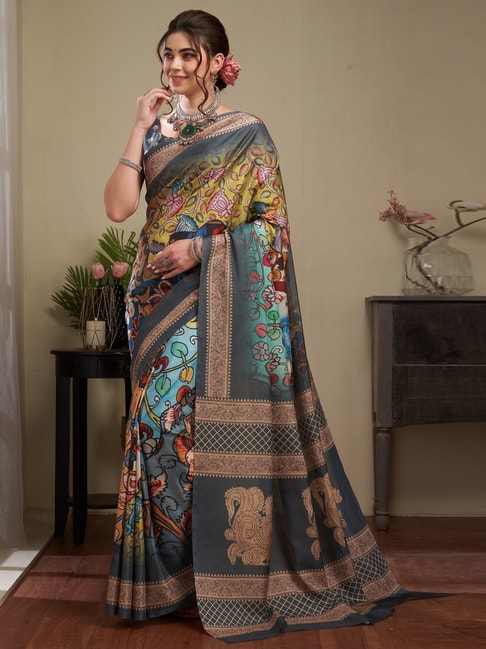 Saree Mall Green & Grey Silk Floral Print Saree With Unstitched Blouse Price in India