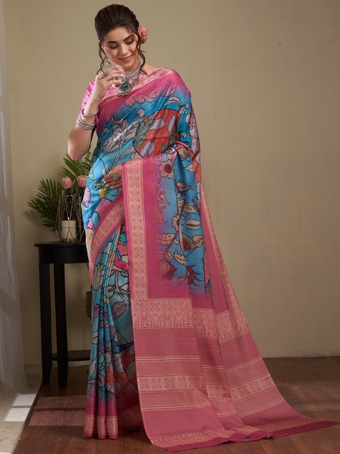 Saree Mall Blue & Pink Silk Floral Print Saree With Unstitched Blouse Price in India