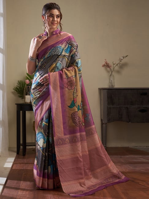 Saree Mall Purple & Grey Silk Floral Print Saree With Unstitched Blouse Price in India