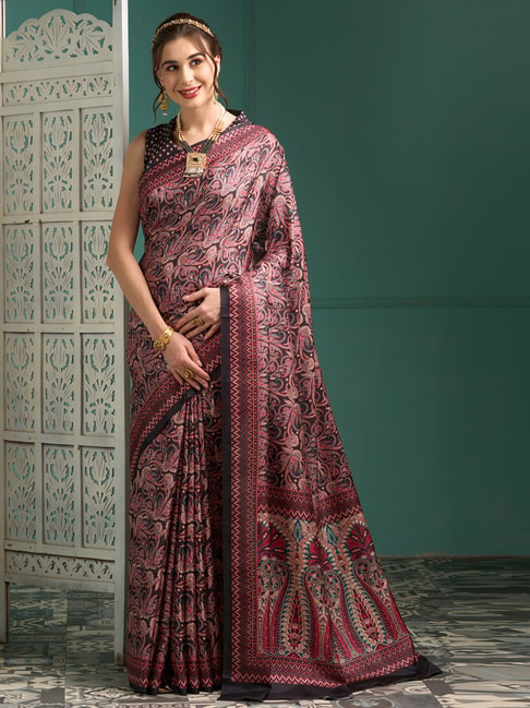 Saree Mall Black & Purple Silk Printed Saree With Unstitched Blouse Price in India
