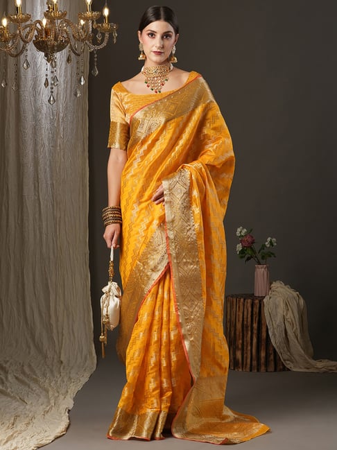 Saree Mall Mustard Silk Woven Saree With Unstitched Blouse Price in India