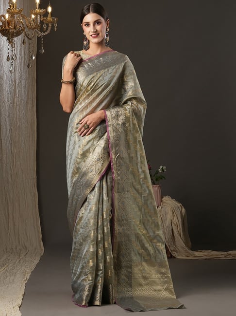 Saree Mall Grey Silk Woven Saree With Unstitched Blouse Price in India