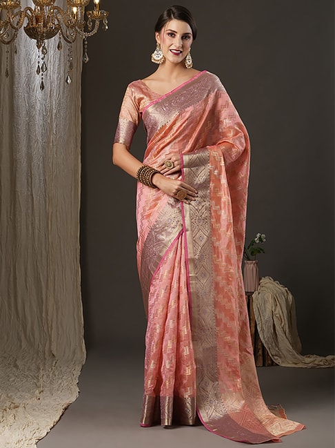 Saree Mall Pink Silk Woven Saree With Unstitched Blouse Price in India