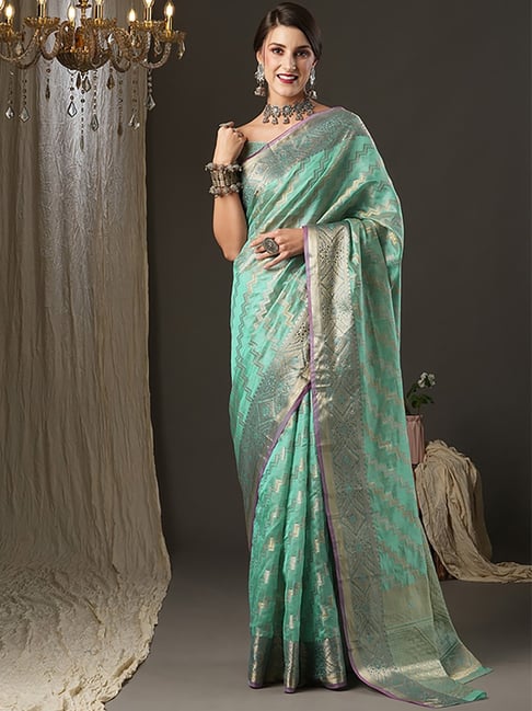 Saree Mall Green Silk Woven Saree With Unstitched Blouse Price in India