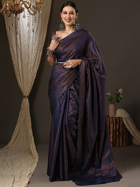 Saree Mall Blue Silk Woven Saree With Unstitched Blouse Price in India