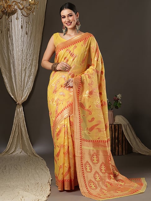 Saree Mall Yellow Cotton Woven Saree With Unstitched Blouse Price in India