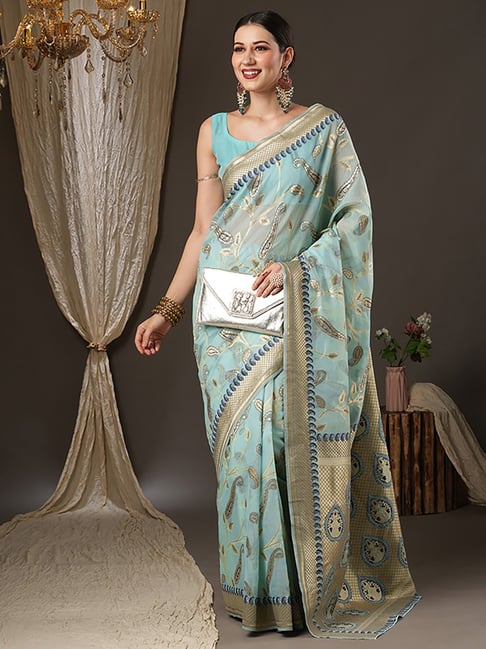 Saree Mall Blue Cotton Woven Saree With Unstitched Blouse Price in India