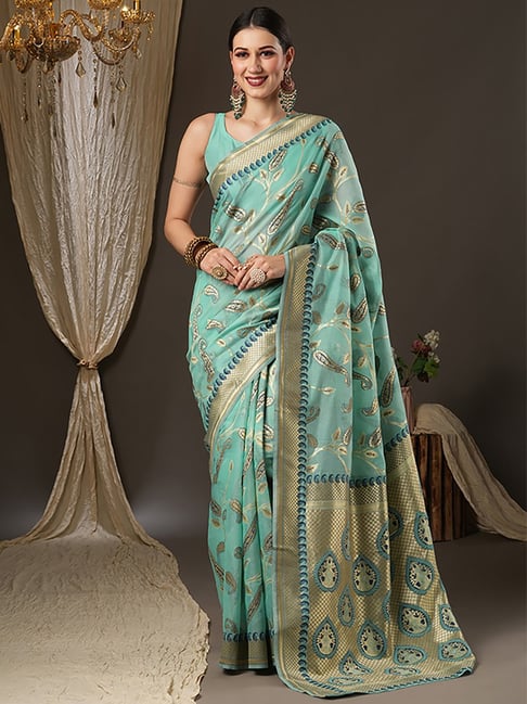 Saree Mall Green Cotton Woven Saree With Unstitched Blouse Price in India