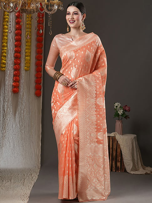 Saree Mall Peach Cotton Woven Saree With Unstitched Blouse Price in India