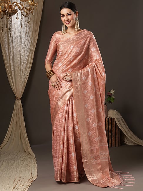 Saree Mall Peach Silk Woven Saree With Unstitched Blouse Price in India