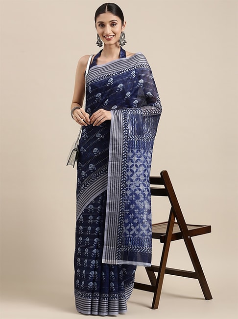 Saree Mall Blue Silk Printed Saree With Unstitched Blouse Price in India