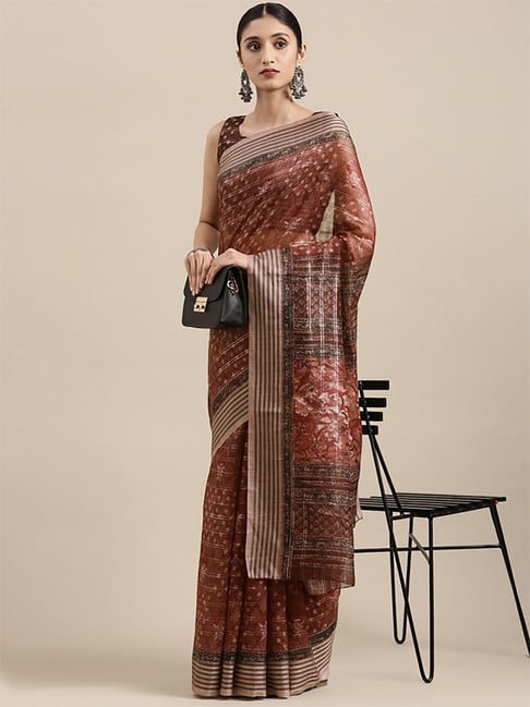 Saree Mall Brown Silk Printed Saree With Unstitched Blouse Price in India